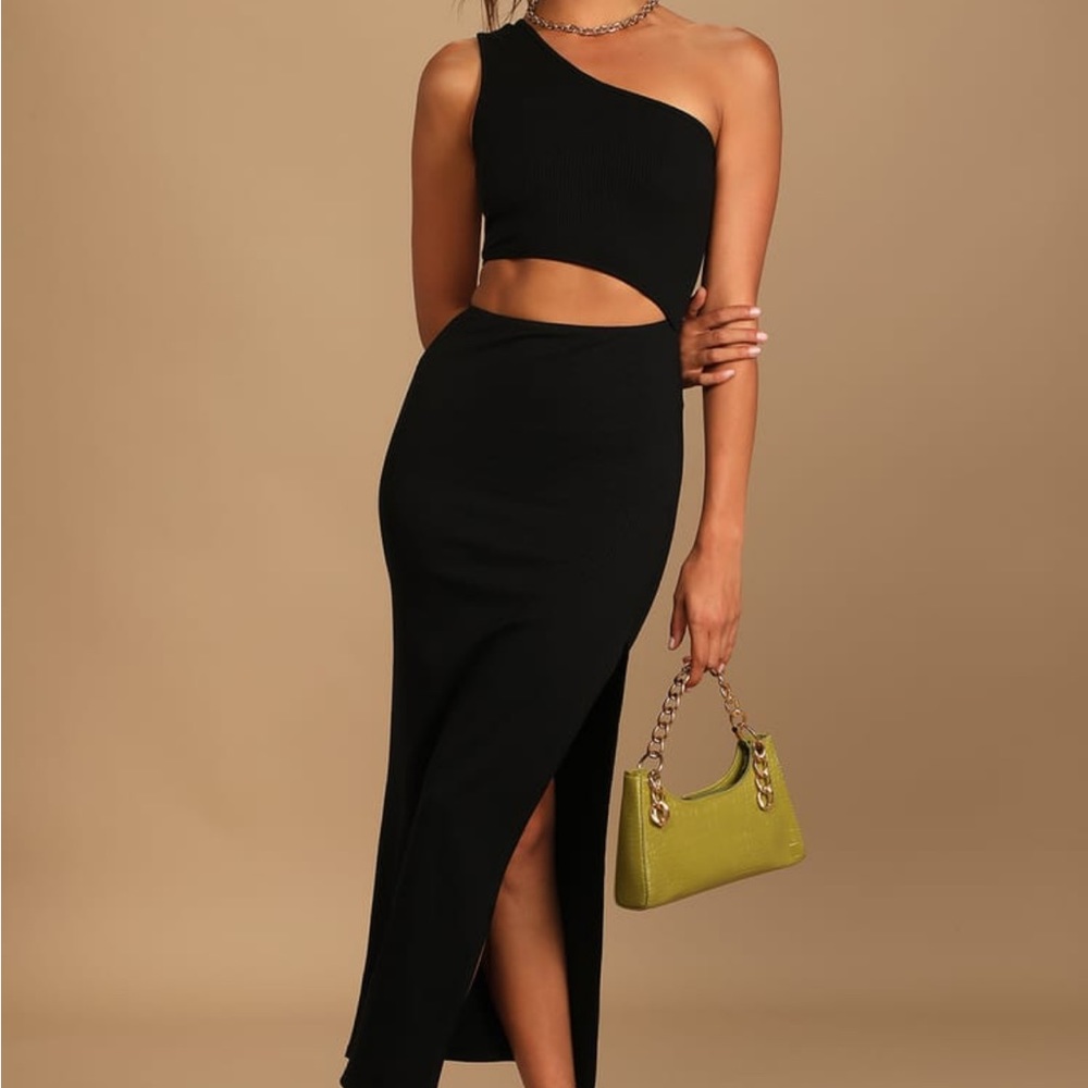 Black Ribbed One-Shoulder Cutout Midi Dress Lulus Sz XS